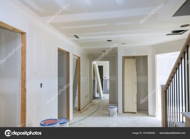 Interior construction of housing project with door installed construction materials
